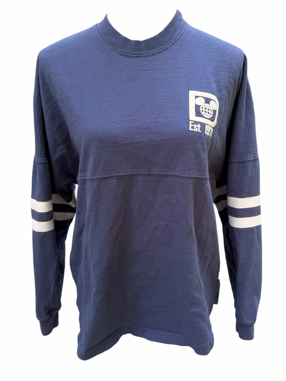 Disney World Menโs Small Navy Long-Sleeve Crew with White Stripe Detail
